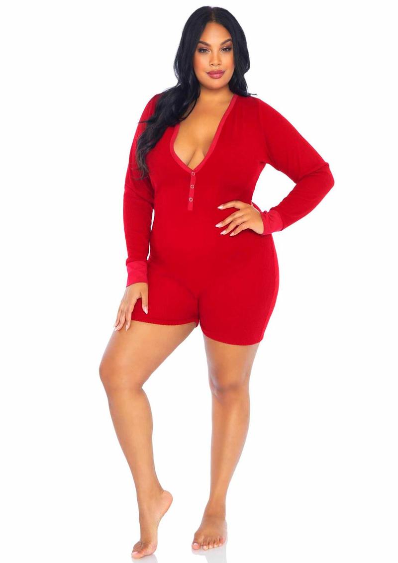 Plus size red romper long johns with cheeky cut