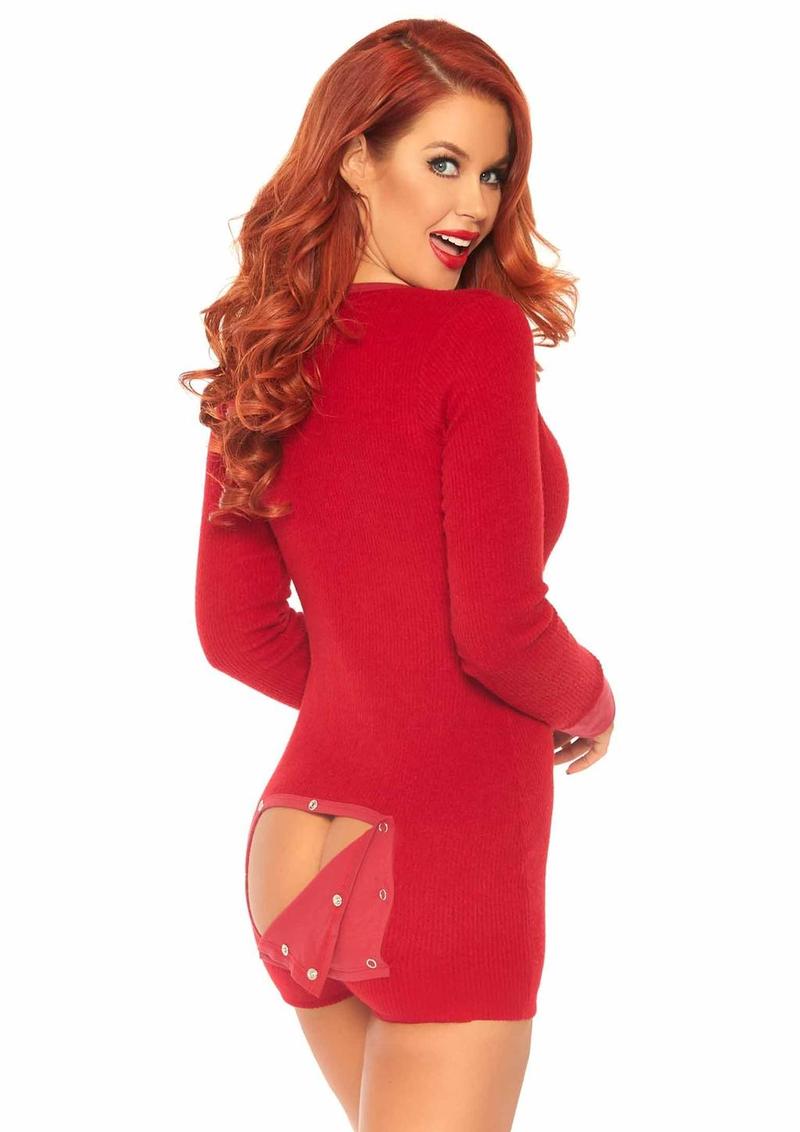 Red brushed rib long johns with snap back flap