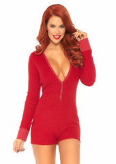 Red ribbed romper long johns front view
