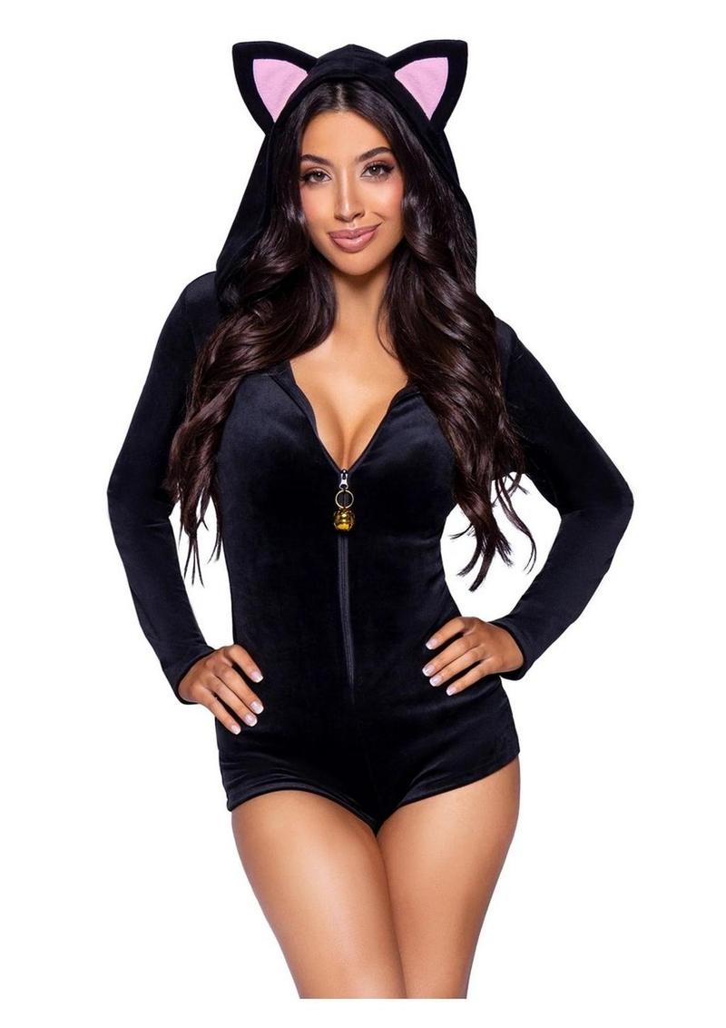 Kitty-inspired romper with hood, tail, and zipper bell Black - Medium