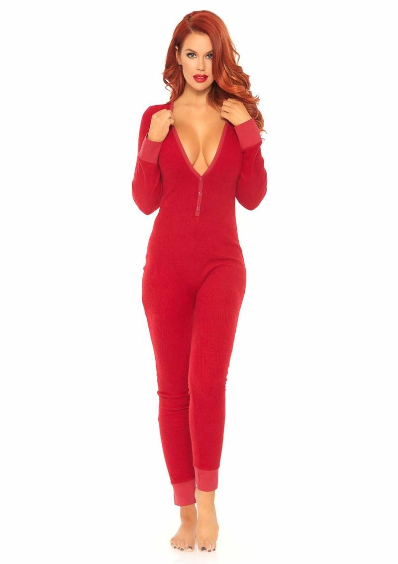 Cozy rib fabric long johns styled for bedroom play