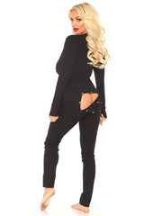 Cozy brushed rib long johns styled with heels Black - Large/XLarge