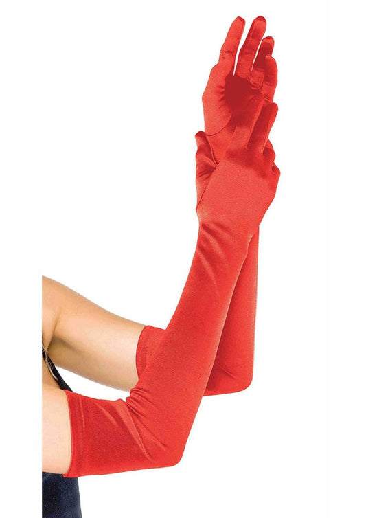 Red satin gloves full length extending past the elbow - One Size