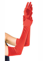 Red satin gloves full length extending past the elbow - One Size