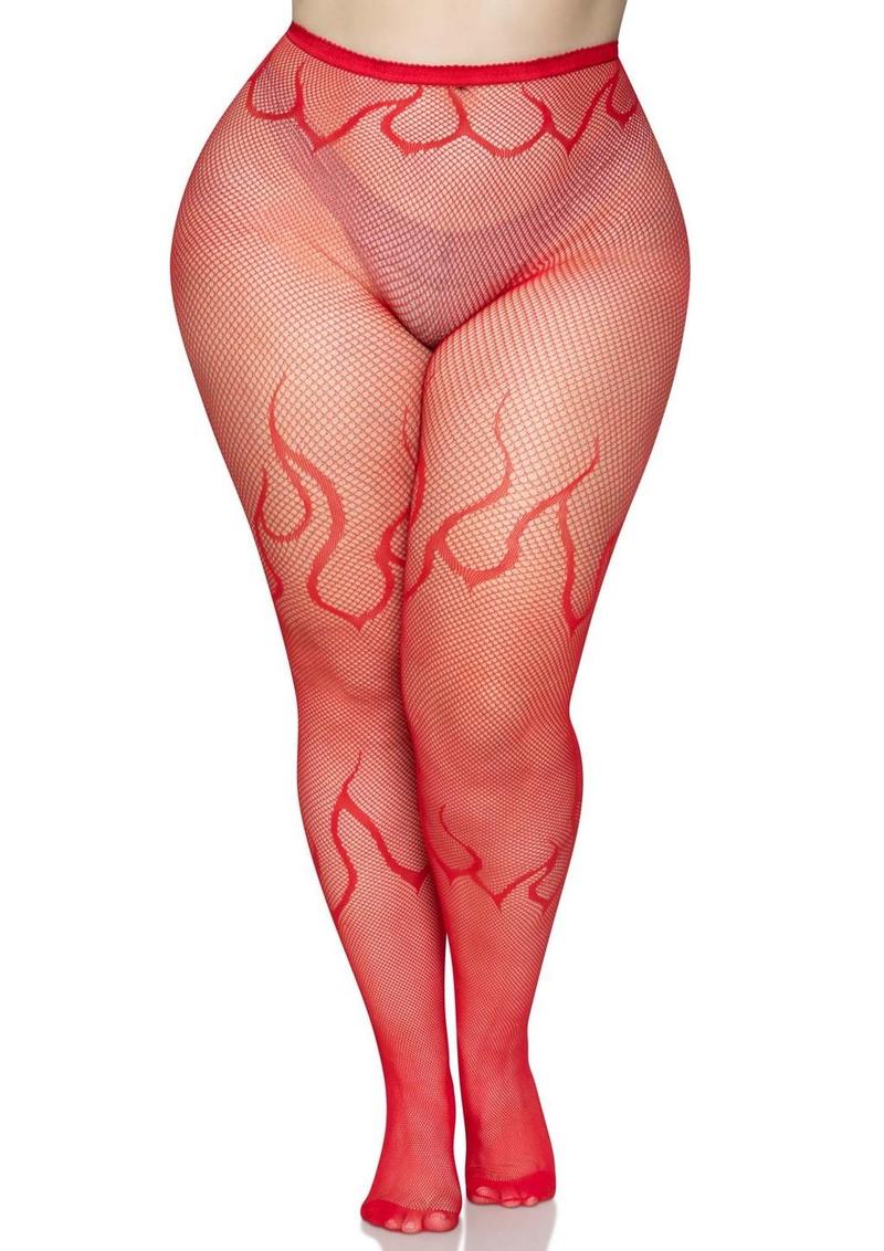 Sexy flame patterned fishnet tights for Halloween- Red - Queen/XLarge/XXLarge