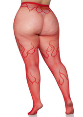 Red flame net hosiery in plus size- Red - Queen/XLarge/XXLarge