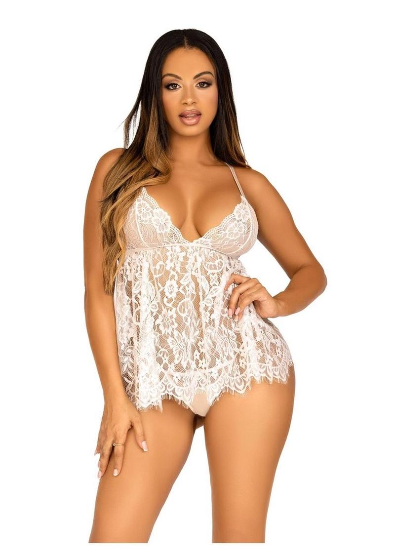 Leg Avenue Floral Lace Babydoll with Eyelash Lace Scalloped Hem Adjustable Cross-Over Straps and G-String Panty - White - Large