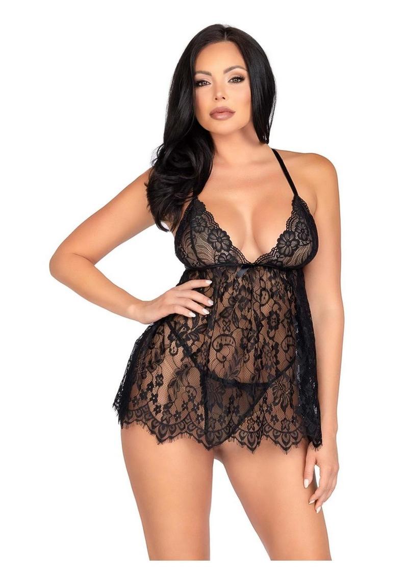Leg Avenue Floral Lace Babydoll with Eyelash Lace Scalloped Hem Adjustable Cross-Over Straps and G-String Panty