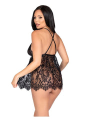 Leg Avenue Floral Lace Babydoll with Eyelash Lace Scalloped Hem Adjustable Cross-Over Straps and G-String Panty
