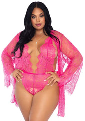 Black floral lace teddy and robe lingerie set - Hot Pink/Pink - Queen/XLarge/XXLarge - 3 Piece