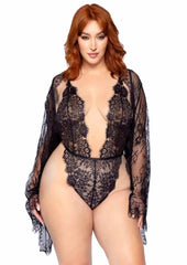 Lace teddy with robe and satin tie for women’s lingerie - Black - Queen/XLarge/XXLarge - 3 Pieces