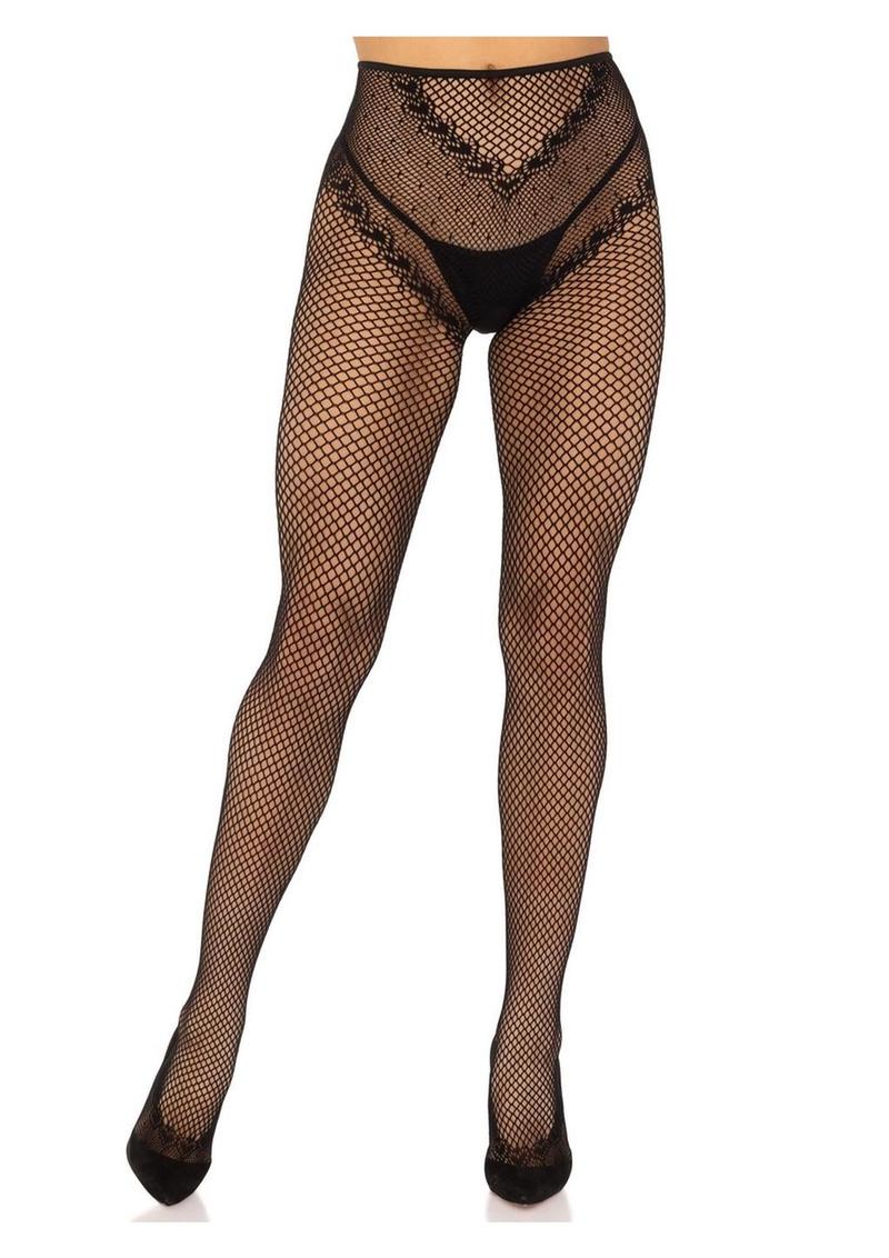 Leg Avenue French Cut Crotchless Fishnet Tights with Heart Backseam and Faux Lace Up Back