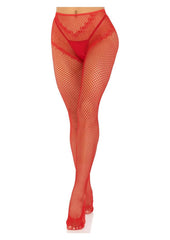 Leg Avenue French Cut Crotchless Fishnet Tights with Heart Backseam and Faux Lace Up Back