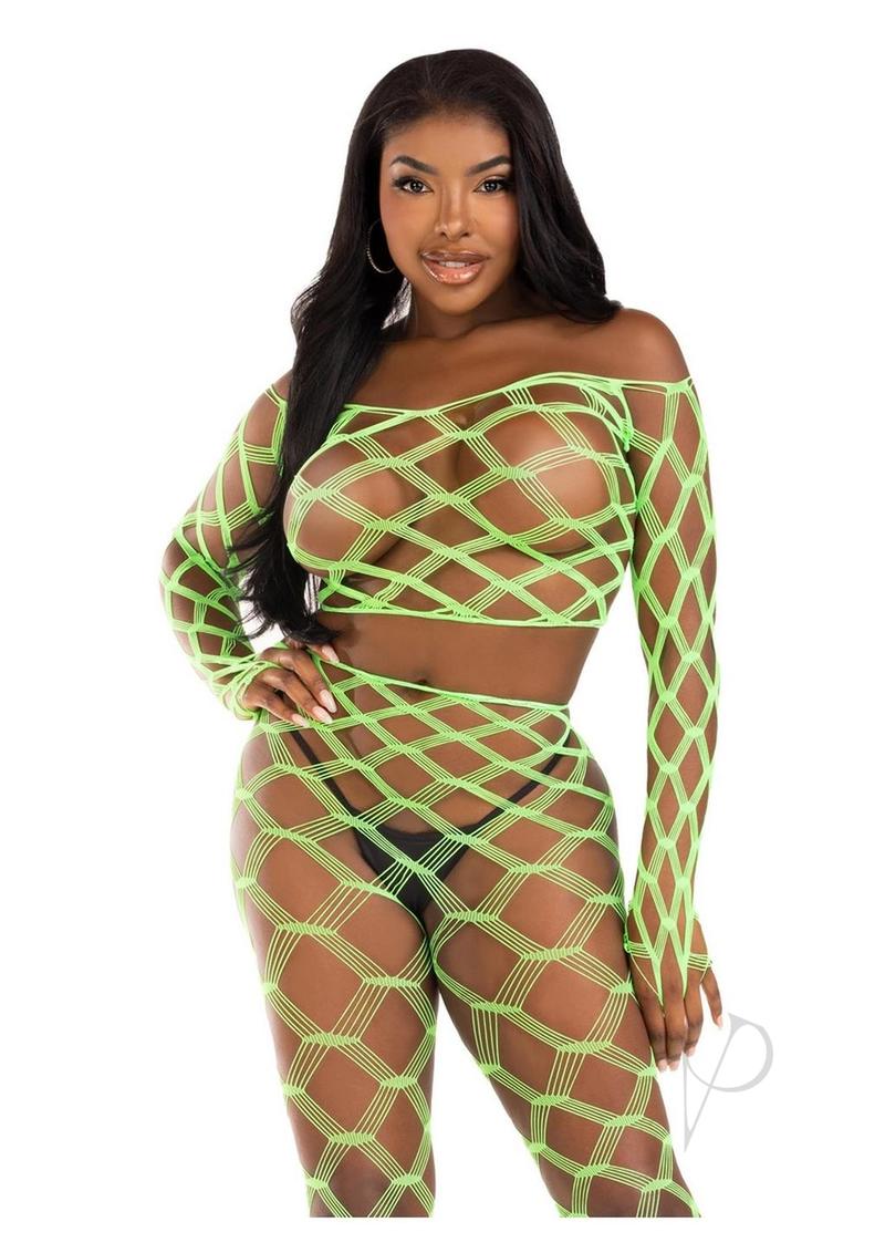 Leg Avenue Hardcore Net Crop Top and Footless Tights - Neon Green - One Size - 2 Piece