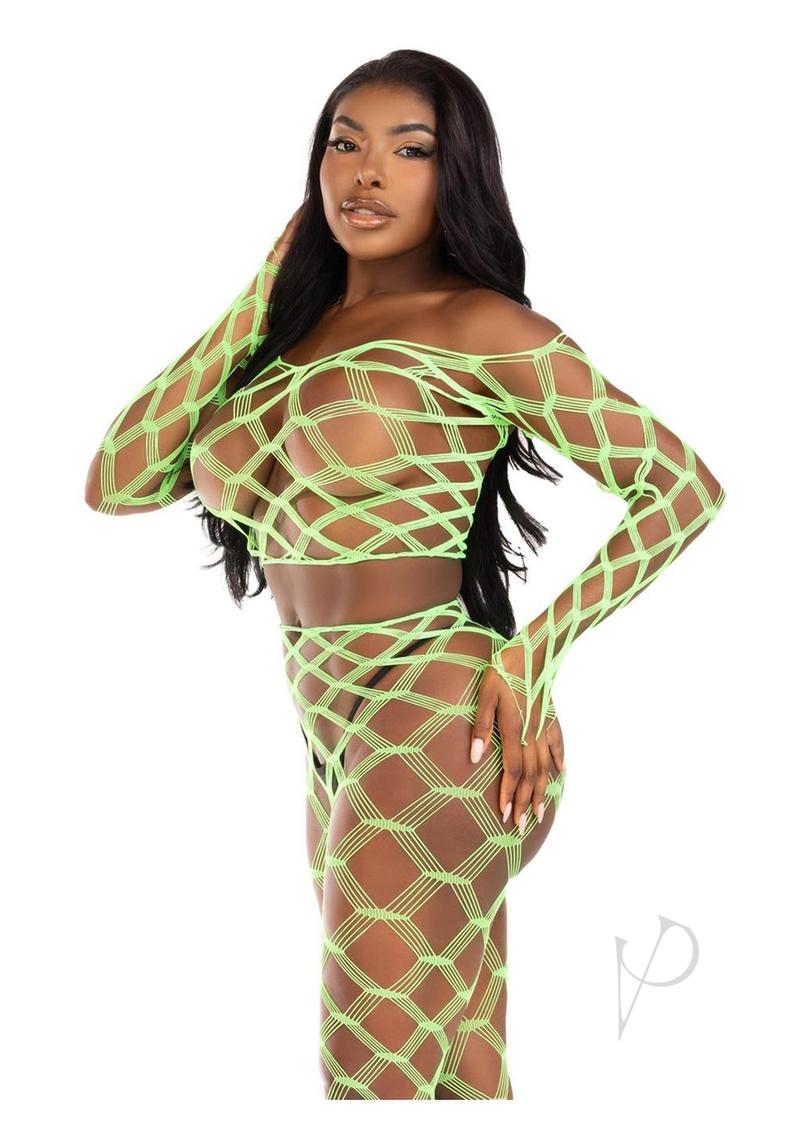 Leg Avenue Hardcore Net Crop Top and Footless Tights - Neon Green - One Size - 2 Piece