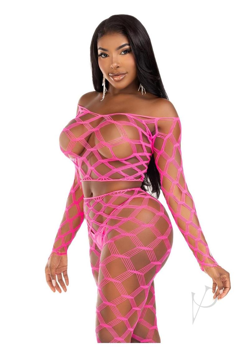 Leg Avenue Hardcore Net Crop Top and Footless Tights - Neon Pink - One Size - 2 Piece