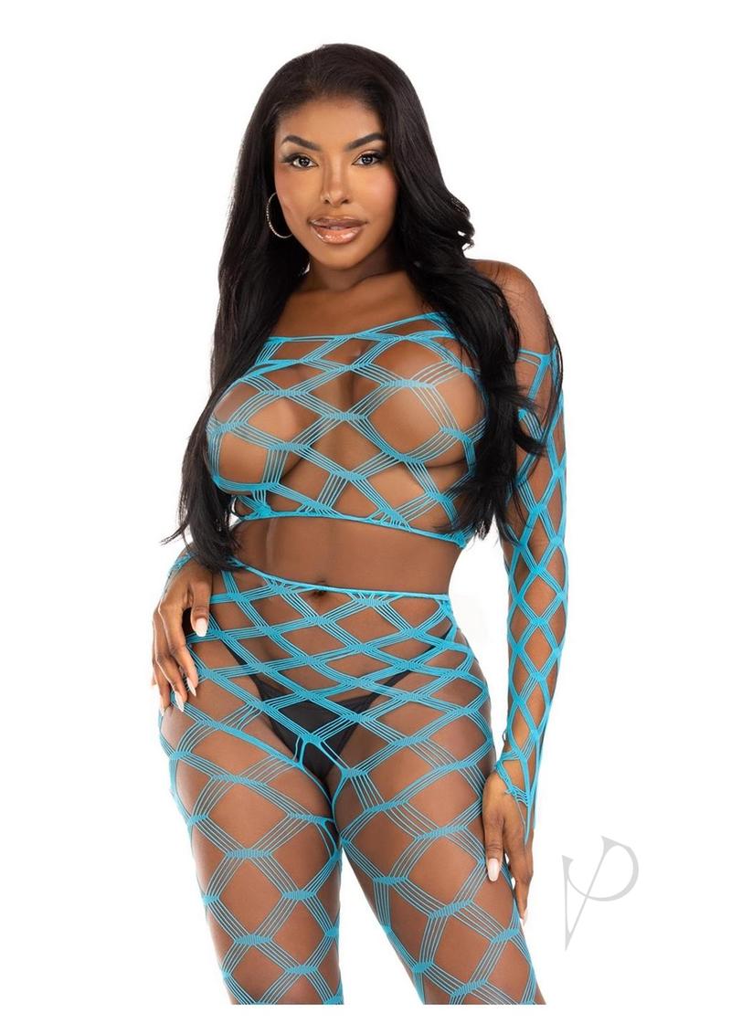 Leg Avenue Hardcore Net Crop Top and Footless Tights - Turquoise - One Size - 2 Piece