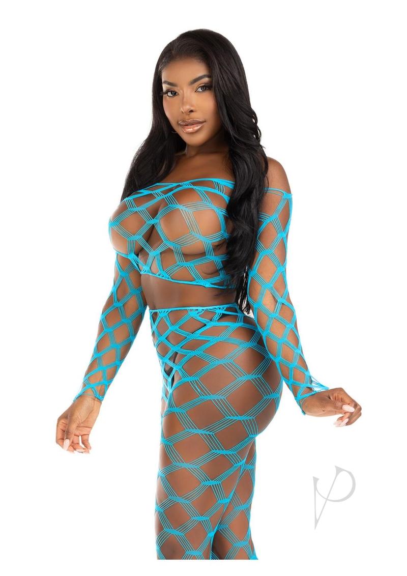 Leg Avenue Hardcore Net Crop Top and Footless Tights - Turquoise - One Size - 2 Piece