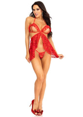 Leg Avenue Lace Flyaway Babydoll with Ruffle Peek-A-Boo Cups and Lace G-String