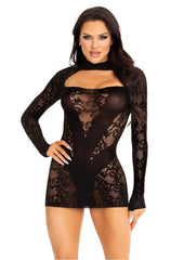 Leg Avenue Lace Keyhole Mini Dress with Opaque Panel Detailing and Gloved Sleeves - Black - One Size