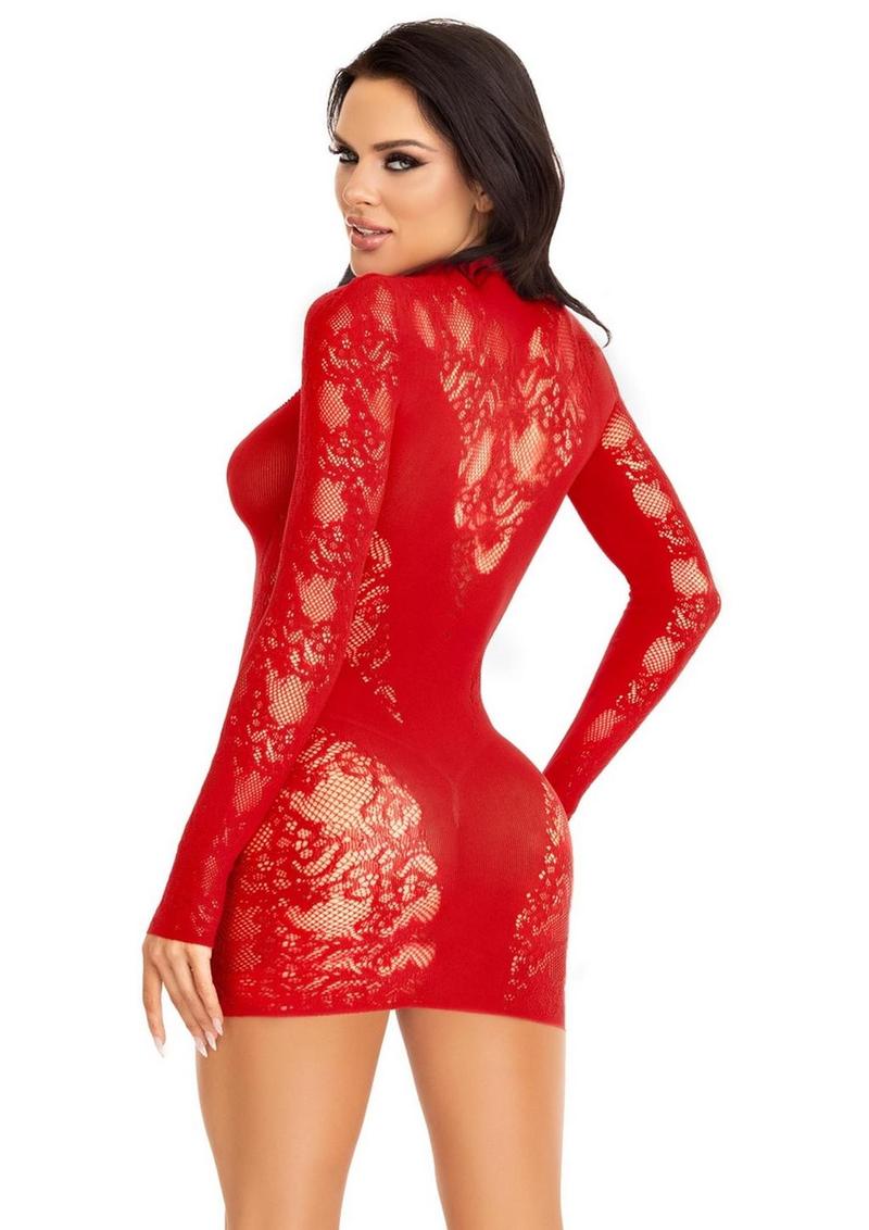Leg Avenue Lace Keyhole Mini Dress with Opaque Panel Detailing and Gloved Sleeves - Red - One Size