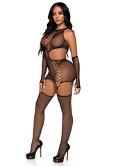 Leg Avenue Net Cut-Out Faux Lace Up Garter Dress with Attached Backseam Stockings and Matching Gloves