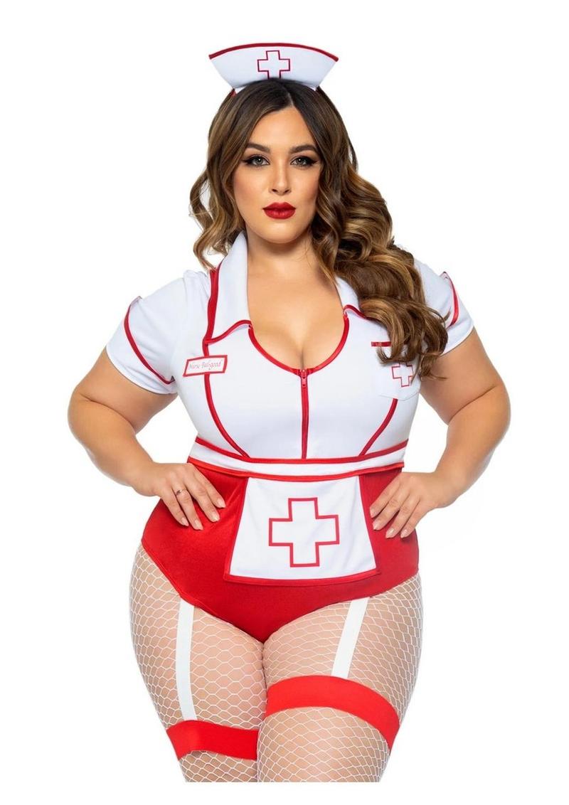 Halloween sexy nurse outfit with apron and hat - Red/White - Queen/XLarge/XXLarge - 2 Piece