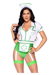 Naughty nurse bodysuit with apron and hat headband- Medium - 2 Piece