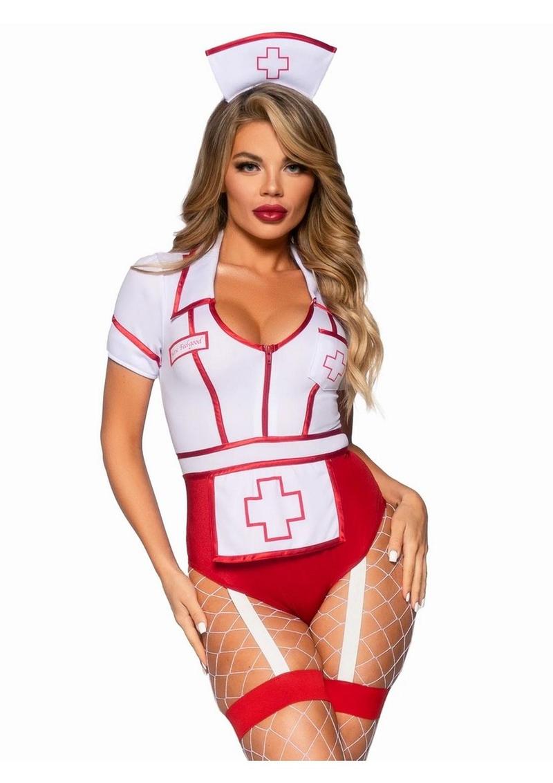 Fetish wear nurse roleplay outfit in green and white Red/White - Small - 2 Piece
