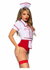 Adult nurse Halloween bodysuit with garter straps- Red/White - Small - 2 Piece