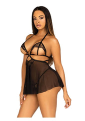 Leg Avenue Open Cup Eyelash Lace and Mesh Babydoll with Heart Ring Accent and Matching Panty - Black - Small