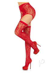 Leg Avenue Rachel Lace Thigh Highs and Crossover Garter Belt - Red - One Size - 2pc