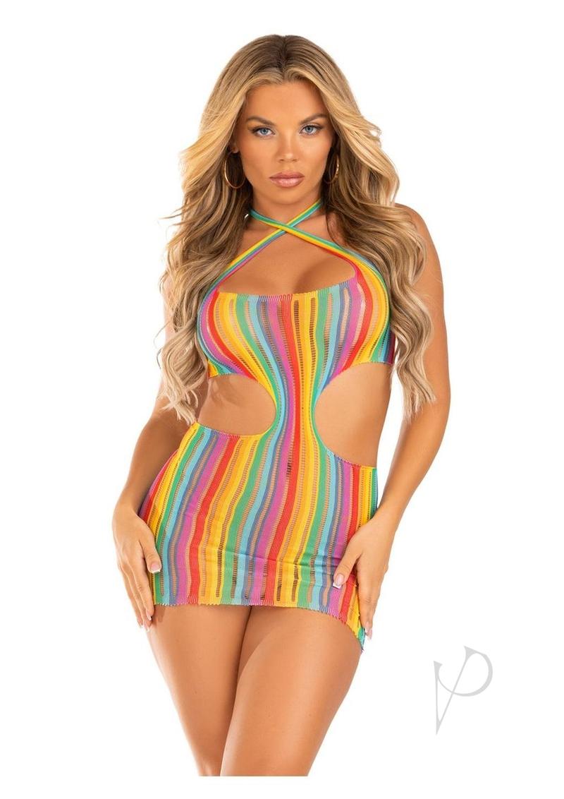 Leg Avenue Rainbow Stripe Cross-Over Halter Mini Dress - Multicolor - One Size