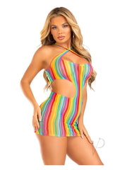 Leg Avenue Rainbow Stripe Cross-Over Halter Mini Dress - Multicolor - One Size