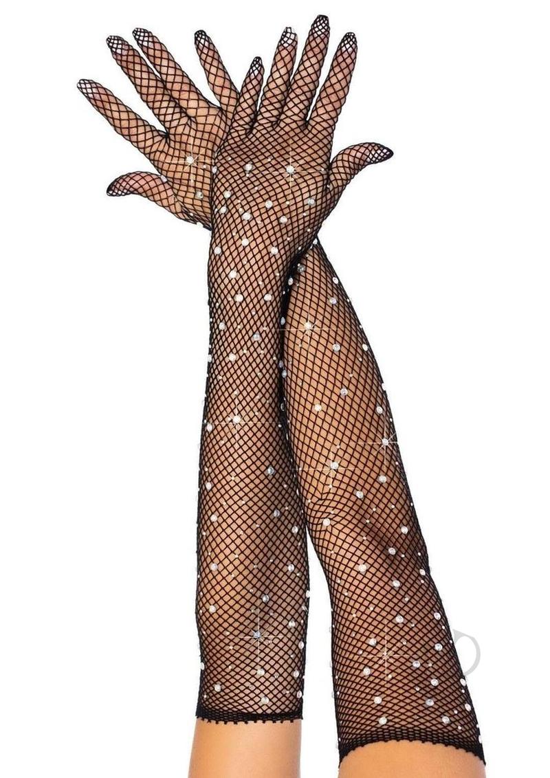 Leg Avenue Rhinestone Fishnet Opera Length Gloves - Black - One Size