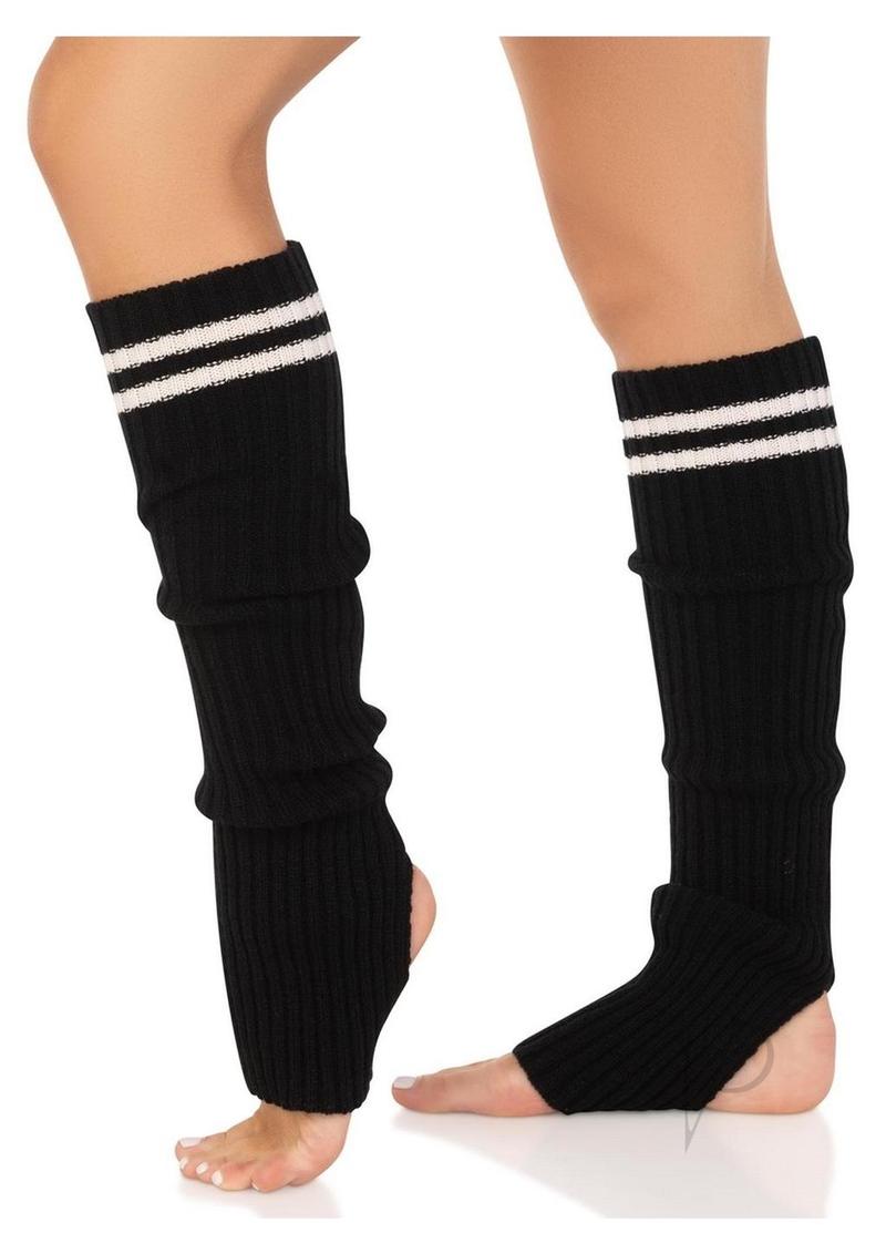 Leg Avenue Ribbed Stirrup Leg Warmers with Athletic Stripe - Black - One Size