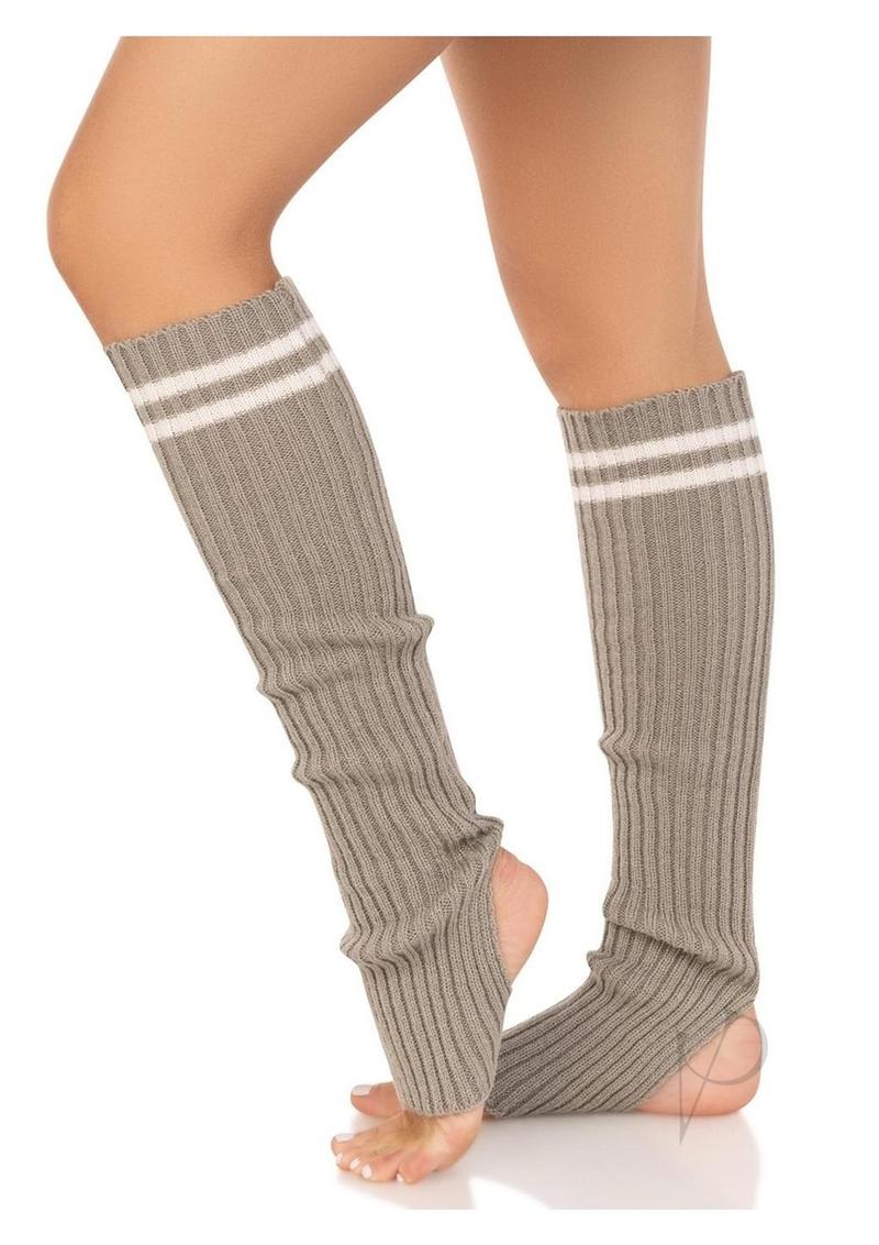 Leg Avenue Ribbed Stirrup Leg Warmers with Athletic Stripe - Grey - One Size