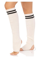 Leg Avenue Ribbed Stirrup Leg Warmers with Athletic Stripe - White - One Size