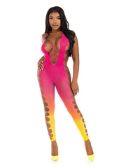 Leg Avenue Seamless Ombre Faux Lace Up Footless Bodystocking - One Size - Sunset