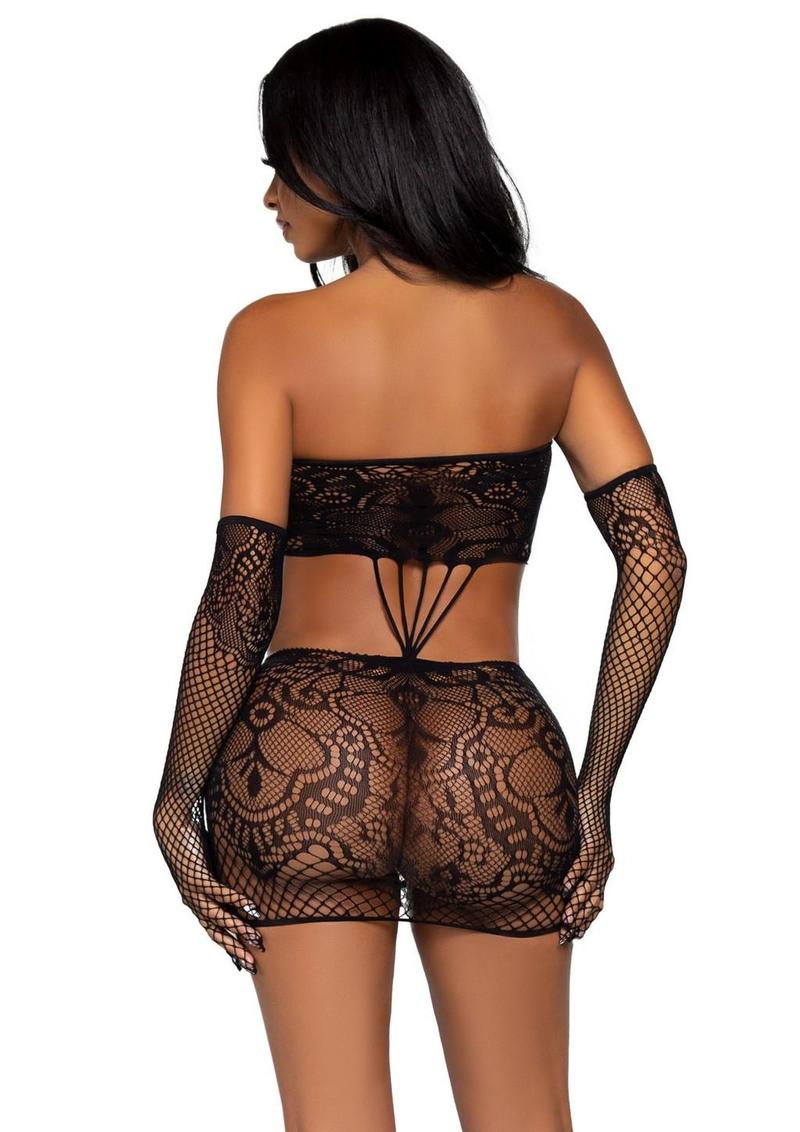 Leg Avenue Strappy Lace Tube Dress and Matching Gloves - Black - One Size - 2 Pieces