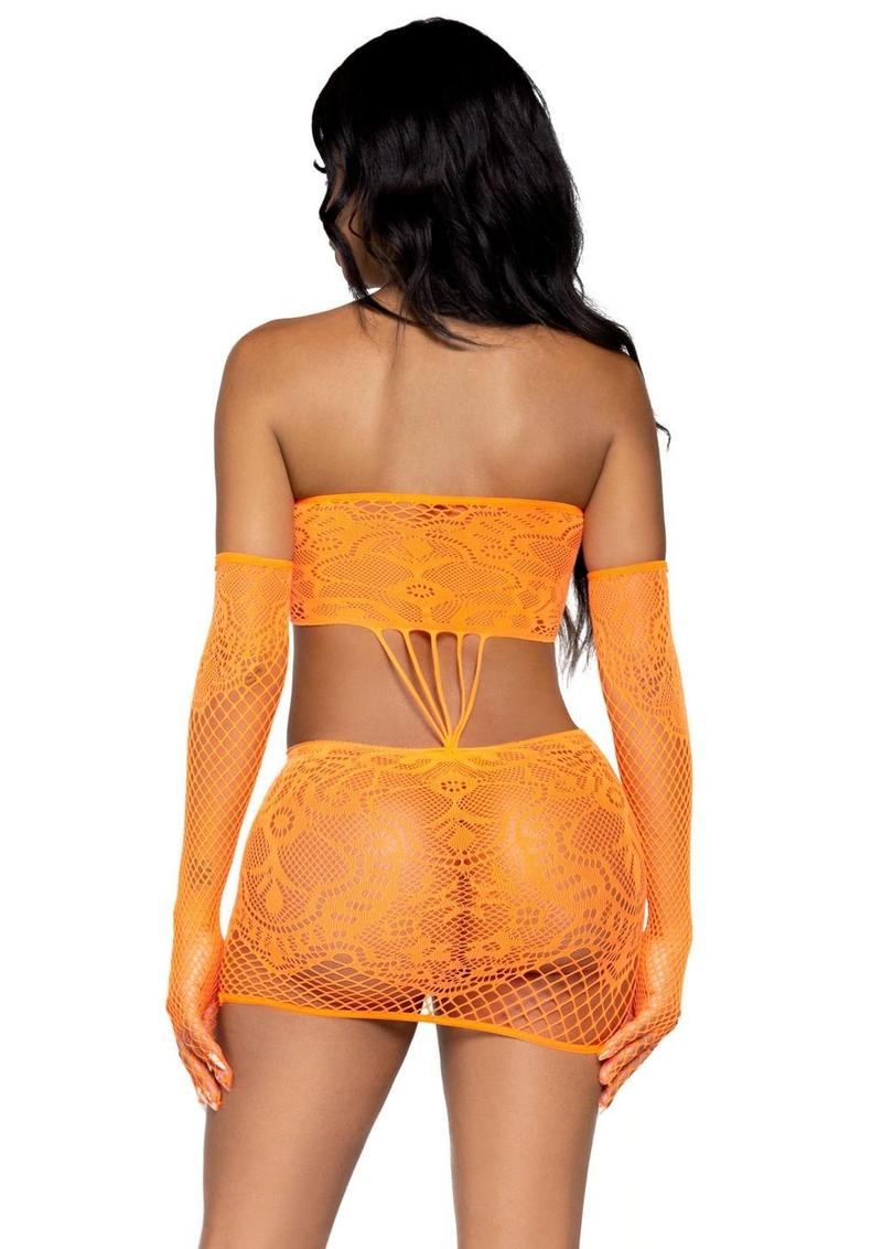 Leg Avenue Strappy Lace Tube Dress and Matching Gloves - Orange - One Size - 2 Pieces