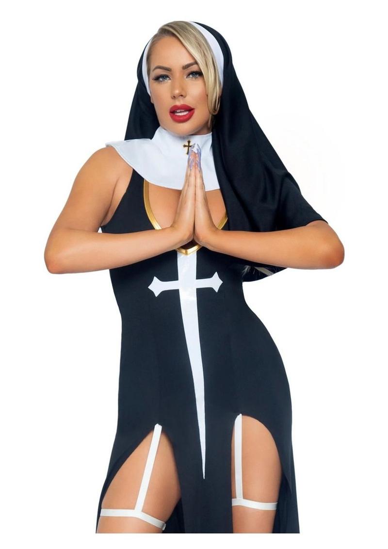 Garter dress costume with bold religious theme fetish wear, Adult Halloween Costume