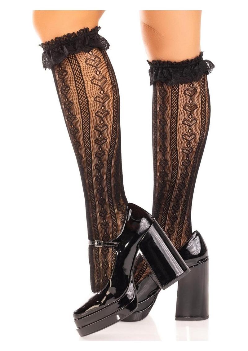 Costume ready black fetish knee highs with lace detail