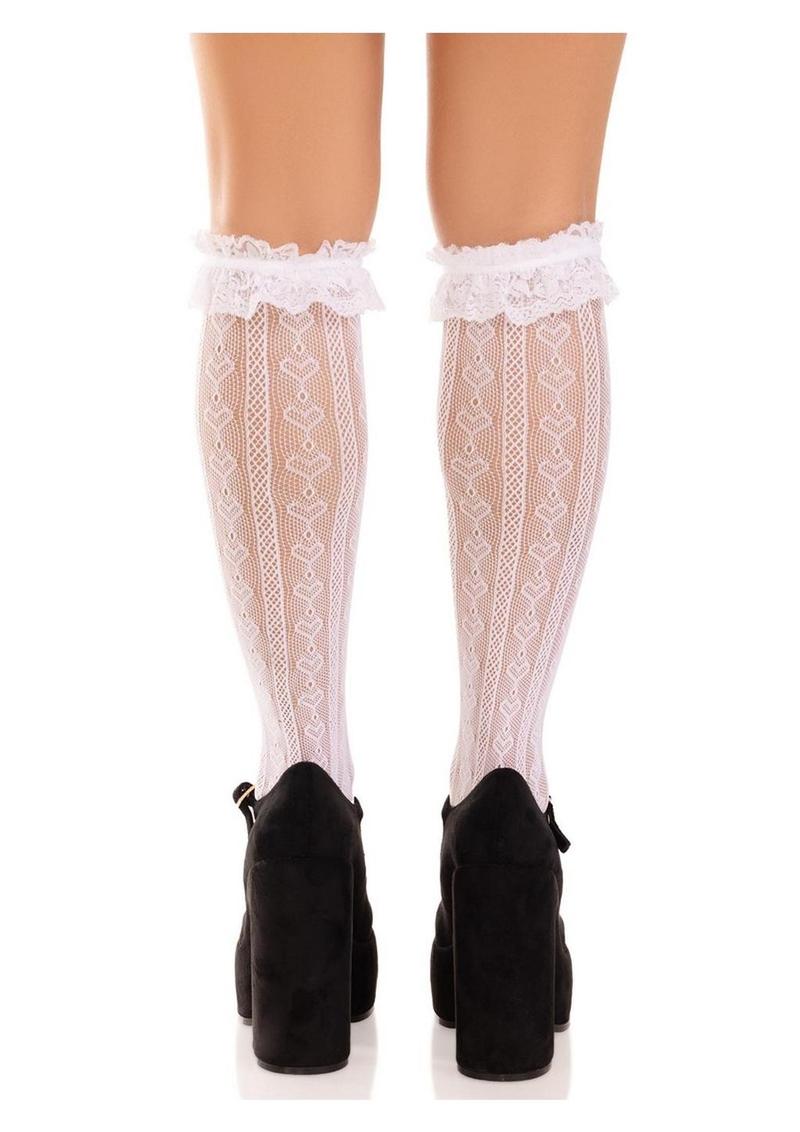 Sexy Adult Lingerie White knit knee highs with lace ruffle trim