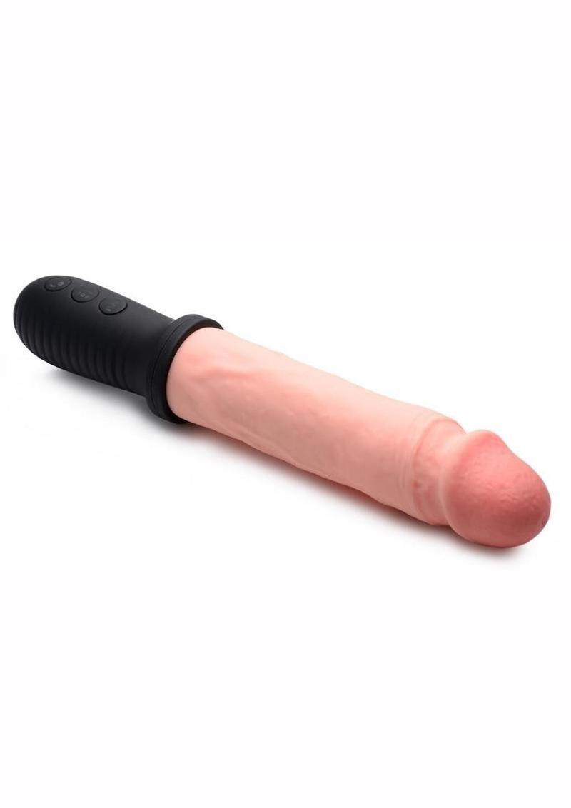 Master Series 8x Auto Pounder Rechargeable Silicone Vibrating and Thrusting Dildo with Handle - Vanilla - 10in