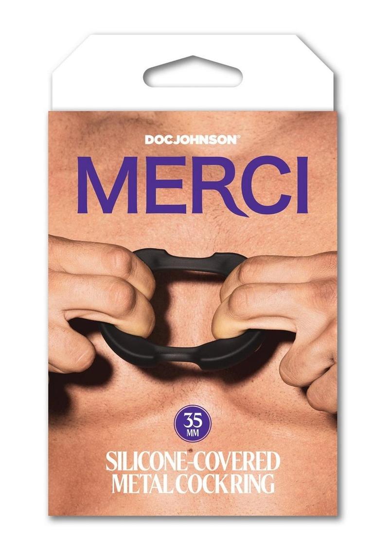 Merci Silicone Covered Metal Cock Ring - Black/Metal - 35mm