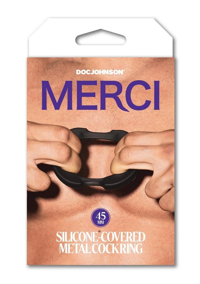 Merci Silicone Covered Metal Cock Ring - Black/Metal - 45mm