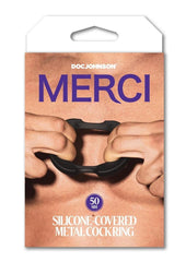 Merci Silicone Covered Metal Cock Ring - Black/Metal - 50mm