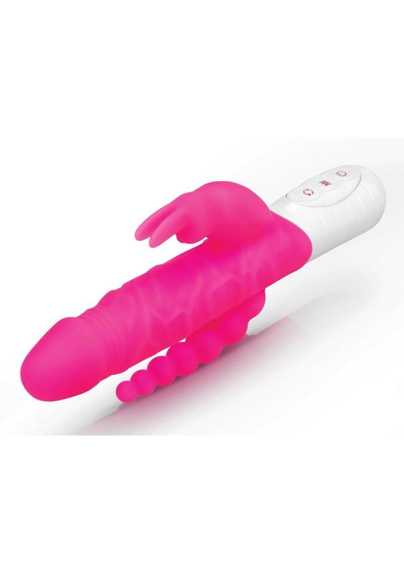 Rabbit Essentials Silicone Rechargeable Slim Realistic Double Penetration Rabbit Vibrator - Hot Pink/Pink
