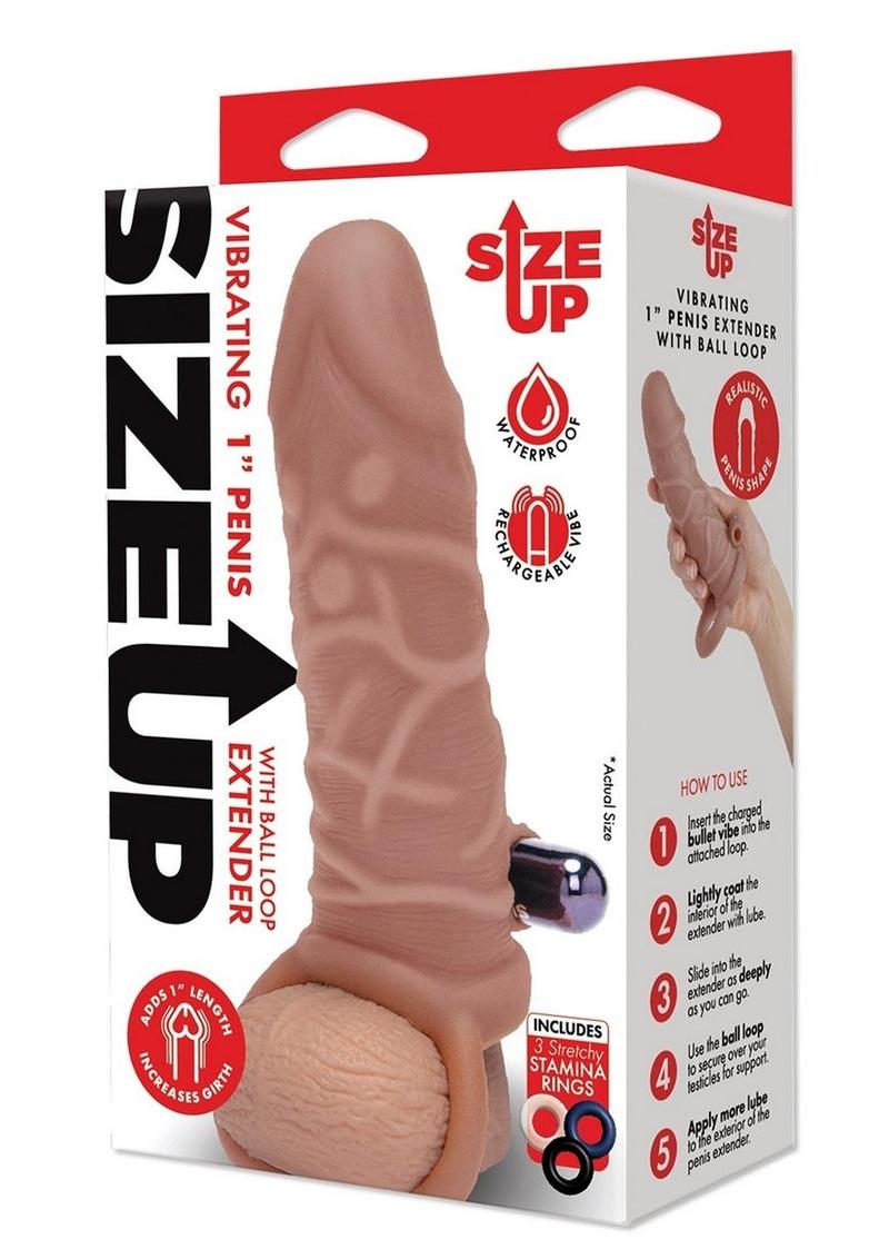 Size Up Silicone Vibrating Realistic Penis Extender with Ball Loop - Caramel - 1in